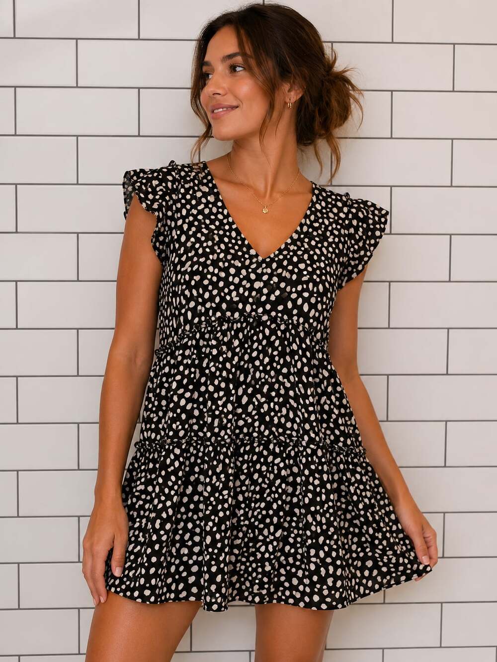 Altar'd State Black and White Spotted Tiered Babydoll Mini Dress
